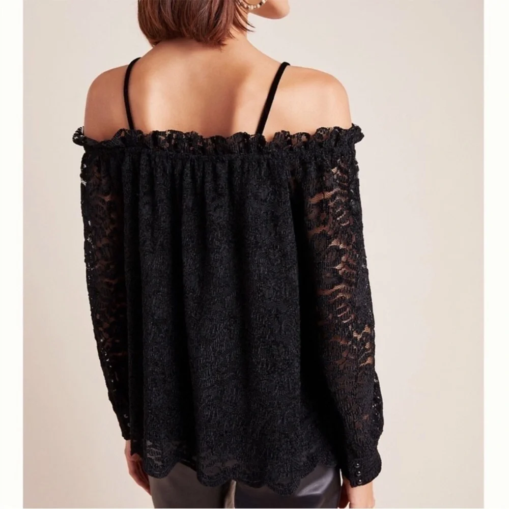Anthropologie Eri Ali Ramona Lace Off the Shoulder Top Black Long Sleeve M NEW